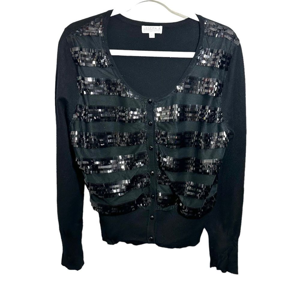 Joseph A. Women’s Sz L Black Sequin Mesh Button Up Cardigan Striped